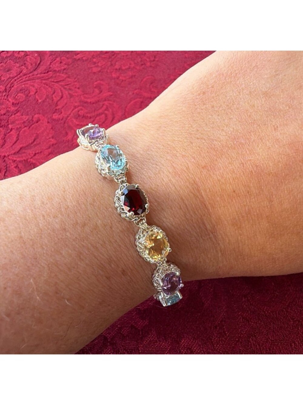 Vintage 925 Sterling Silver Multi Gemstone Bracelet Amethyst Citrine Blue Topaz